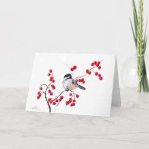 Tarjeta Festiva CHICKADEE & RED BERRIES por SHARON SHARPE