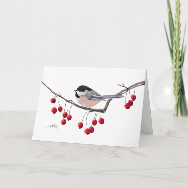 Tarjeta Festiva CHICKADEE & RED BERRIES por SHARON SHARPE (Anverso)