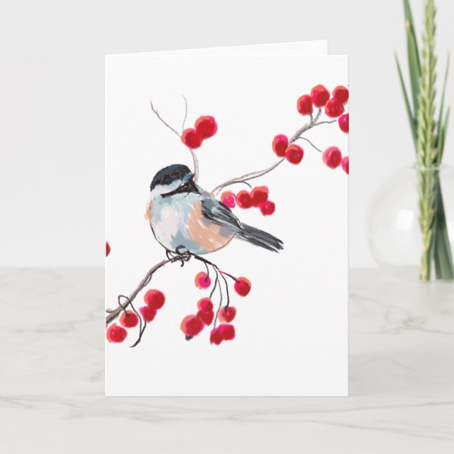 Tarjeta Festiva CHICKADEE & RED BERRIES por SHARON SHARPE (Anverso)