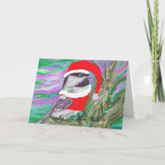 Tarjeta Festiva Chickadee vestido de Santa en un árbol