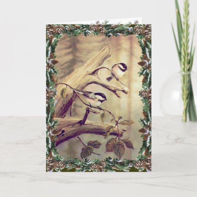 Tarjeta Festiva CHICKADEES & WREATES de SHARON SHARPE (Anverso)