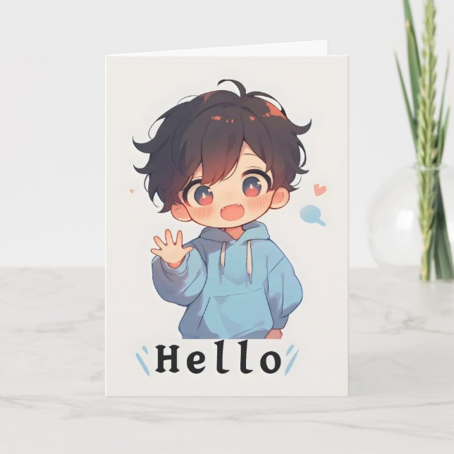 Tarjeta Festiva Chico Anime Chibi Kawaii Hola (Anverso)