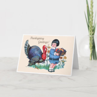 Tarjeta Festiva Chico vintage de Acción de Gracias con pavo y cose