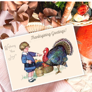 Tarjeta Festiva Chico vintage de Acción de Gracias con pavo y cose