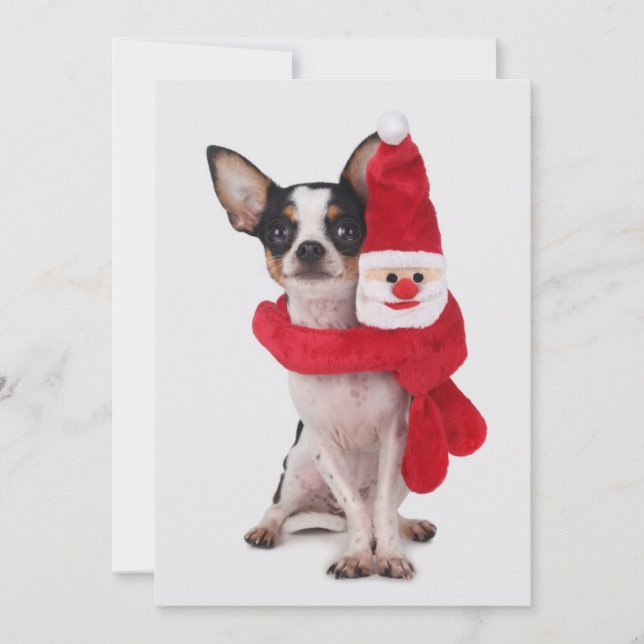 Tarjeta Festiva Chihuahua con la muñeca de Papá Noel (Anverso)