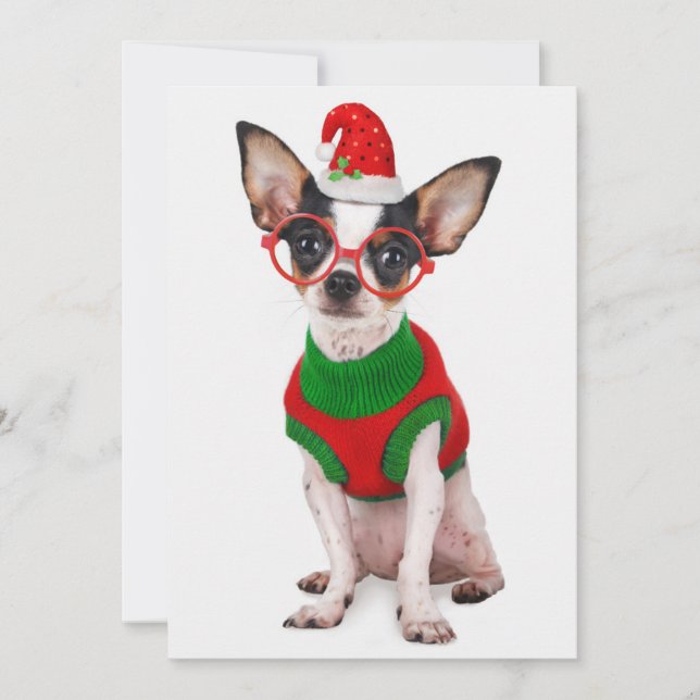 Tarjeta Festiva Chihuahua con sombrero de Santa y gafas (Anverso)