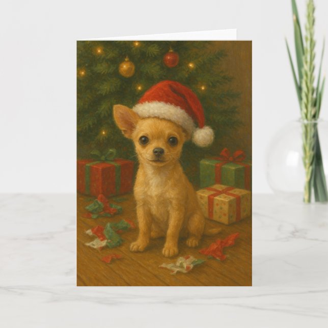 Tarjeta Festiva Chihuahua Dog Under A Christmas Tree (Anverso)