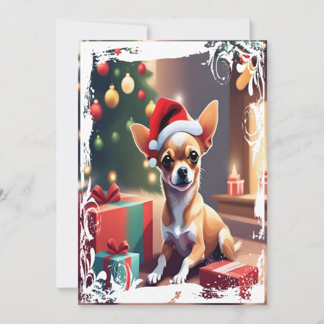 Tarjeta Festiva Chihuahua en Gorra de Navidades (Anverso)
