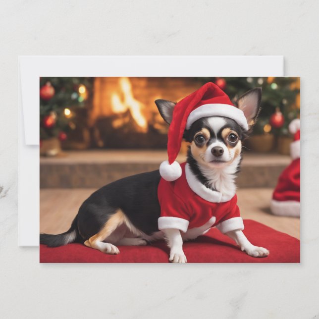 Tarjeta Festiva Chihuahua negra adorable con sombrero Santa (Anverso)