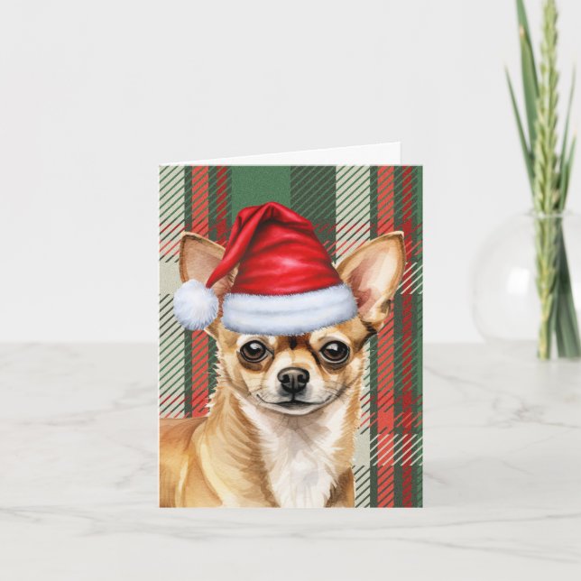 Tarjeta Festiva Chihuahua Santa Dog Navidades Red Green de Plaid (Anverso)