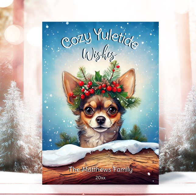 Tarjeta Festiva Chihuahua, un guapo guapo guiso de la guirnalda de (Adorable Winter Snowy Scene With Peeking Dogs or Farm/Woodland Animals - Over 50 to Choose From!)