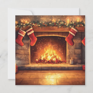 Tarjeta Festiva Chimenea Acogedora con Calcetines Colgantes