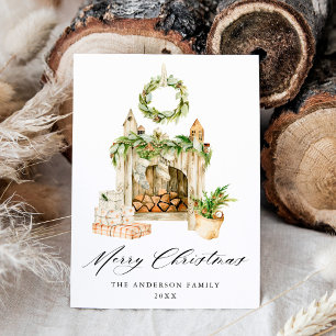 Tarjeta Festiva Chimenea acuarela Boho con vegetación no fotográfi