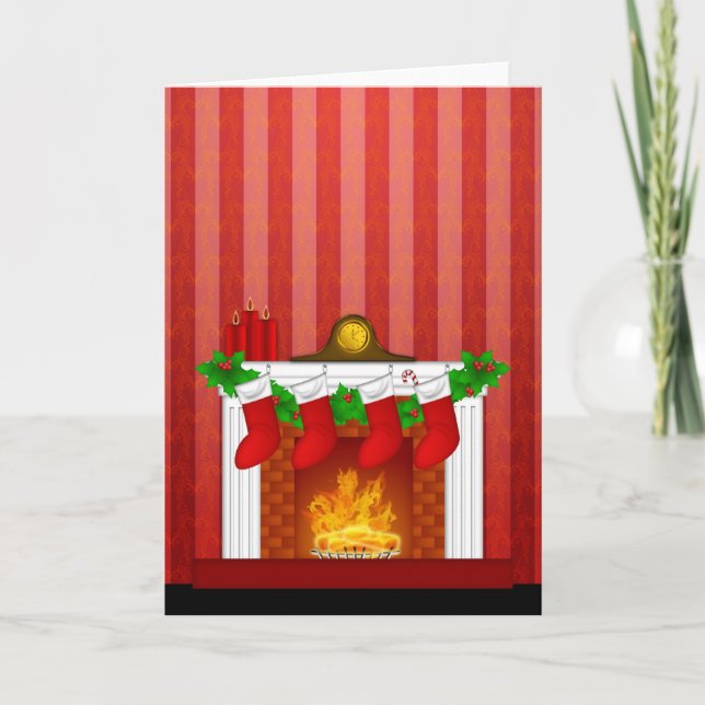 Tarjeta Festiva Chimenea con decoraciones navideñas Papel rojo (Anverso)