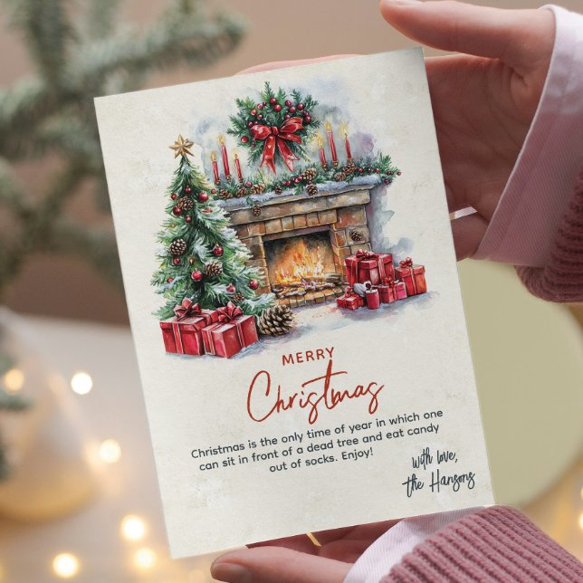 Tarjeta Festiva Chimenea de árbol de pino y presenta Navidades Per (Subido por el creador)