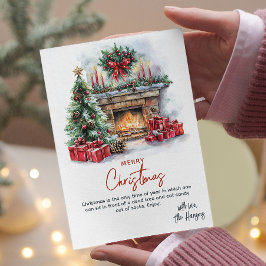 Tarjeta Festiva Chimenea de árbol de pino y presenta Navidades Per