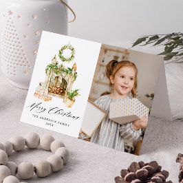 Tarjeta Festiva Chimenea de color de agua de Boho con foto de vege