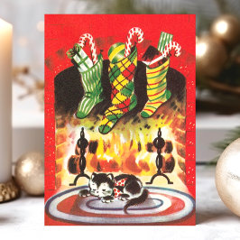 Tarjeta Festiva Chimenea de medias de gato navideño