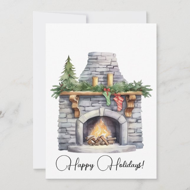 Tarjeta Festiva Chimenea de piedra y Navidades acuarela de almacen (Anverso)