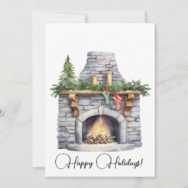 Tarjeta Festiva Chimenea de piedra y Navidades acuarela de almacen