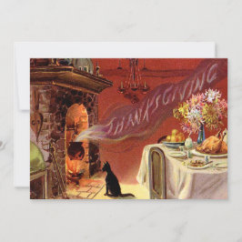 Tarjeta Festiva Chimenea Turquía del gato negro de la cena de la