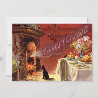 Tarjeta Festiva Chimenea Turquía del gato negro de la cena de la