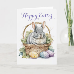 Tarjeta Festiva Chinchilla en una cesta en Pascua