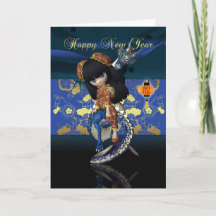 Tarjeta Festiva chinese new year with cute china doll with dragons