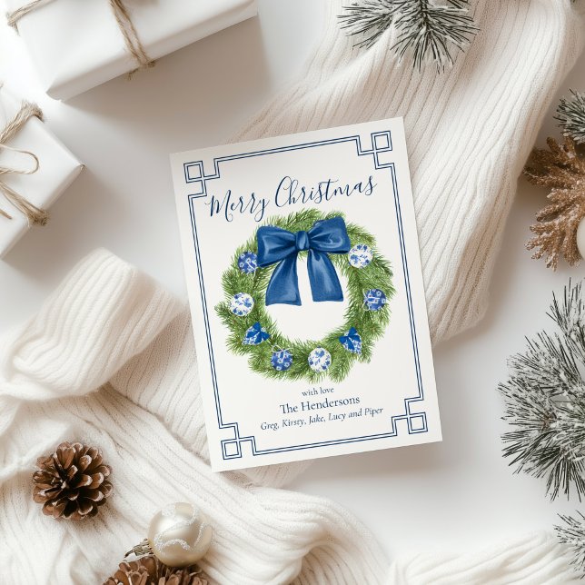 Tarjeta Festiva Chinoiserie Blue and White Wreath (chinoiserie wreath christmas greeting card
)