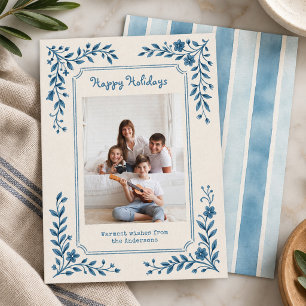 Tarjeta Festiva Chinoiserie Delft Azul Marco Floral Foto de Famili