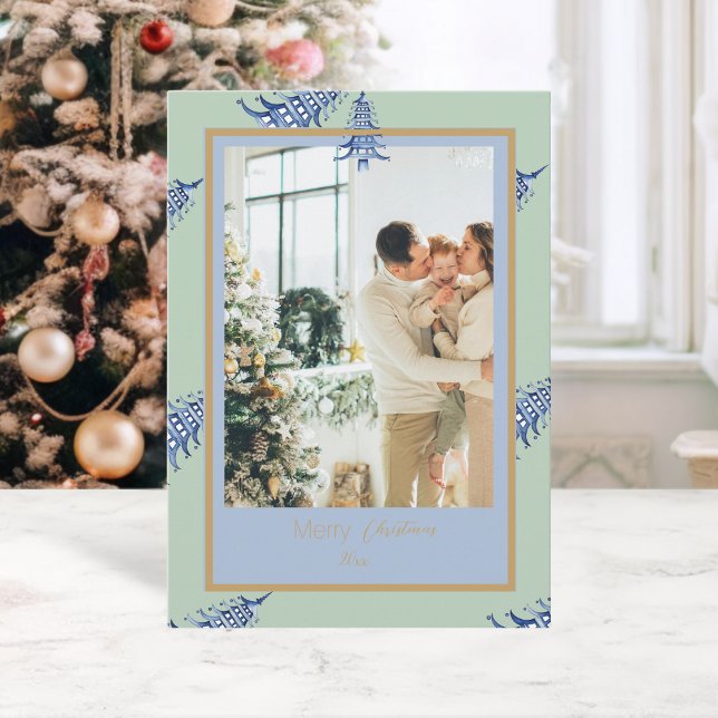 Tarjeta Festiva Chinoiserie Navidades Blue Sage Pagoda 2Foto (Chinoiserie Christmas Blue Sage Pagoda 2Photo Holiday Card)