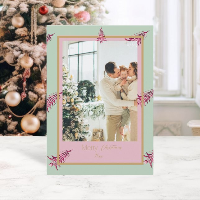 Tarjeta Festiva Chinoiserie Navidades de sabio rosa Pagoda 2Foto (Chinoiserie Christmas pink sage Pagoda 2Photo Holiday Card)