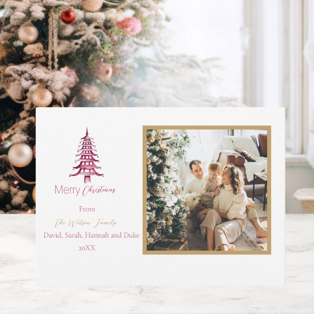 Tarjeta Festiva Chinoiserie Navidades Simple Red Pagoda 2-Photo (Chinoiserie Christmas Simple Red Pagoda 2-Photo Holiday Card)