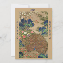 Tarjeta Festiva Chinoiserie Pavo Azul con Jardín de Flores Exótica