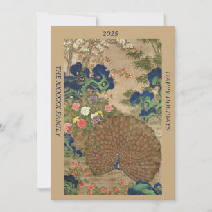 Tarjeta Festiva Chinoiserie Pavo Azul con Jardín de Flores Exótica