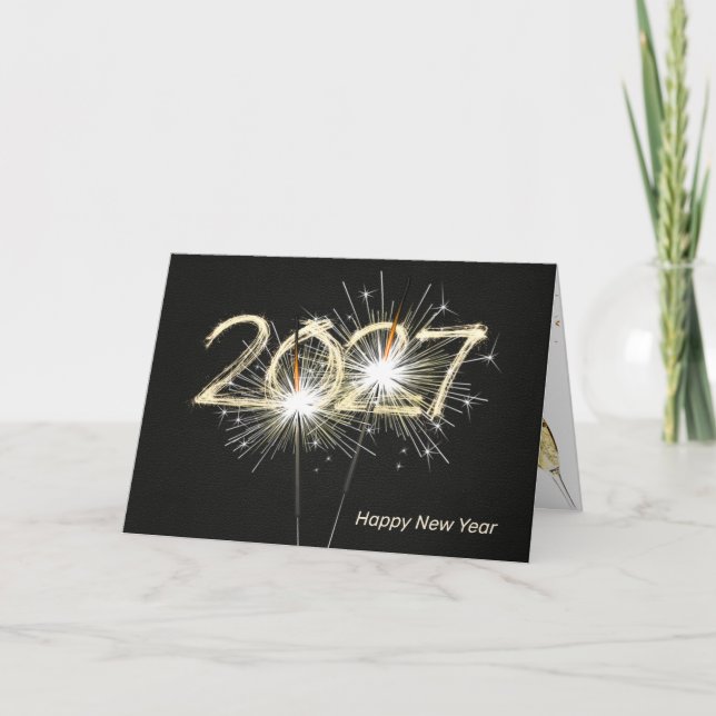 Tarjeta Festiva Chispas de Año Nuevo 2027 sobre Negro (Anverso)
