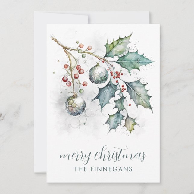 Tarjeta Festiva Chistmas de acuarela y ornamentos (Anverso)