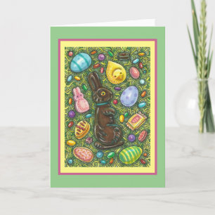 TARJETA FESTIVA CHOCOLATE BUNNY, CHICK, HUEVOS, JELLY BEANS