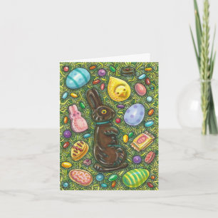 TARJETA FESTIVA CHOCOLATE BUNNY, CHICK, HUEVOS, JELLY BEANS