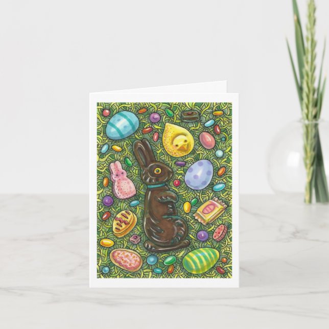 TARJETA FESTIVA CHOCOLATE BUNNY, CHICK, HUEVOS, JELLY BEANS (Anverso)
