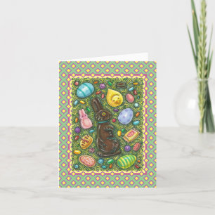TARJETA FESTIVA CHOCOLATE BUNNY, CHICK, HUEVOS, JELLY BEANS