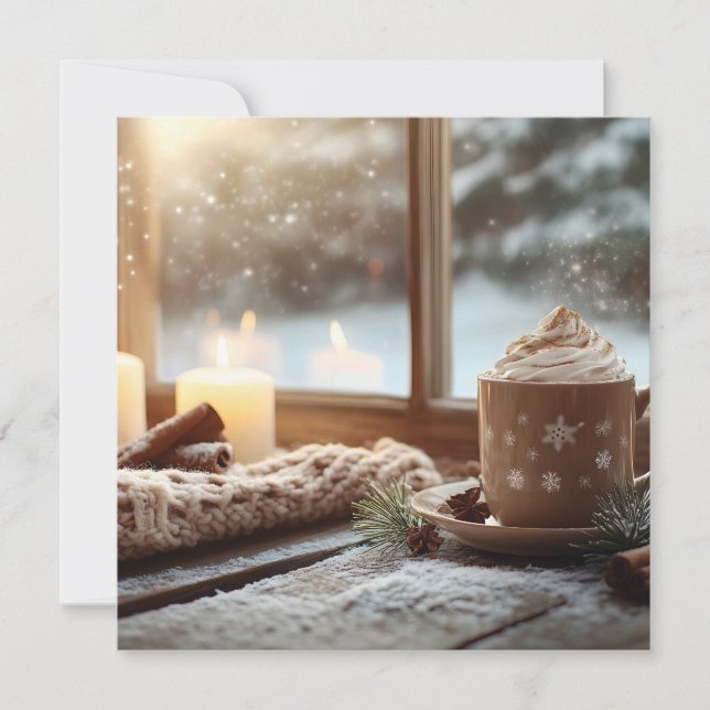 Tarjeta Festiva Chocolate Caliente Acogedor con Crema y Velas Invi (Anverso)