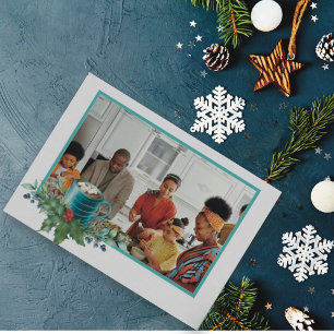 Tarjeta Festiva Chocolate caliente con foto plana de Holly y Green