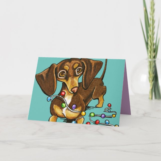 Tarjeta Festiva Chocolate Dachshund ilumina a Navidades Verde azul (Anverso)