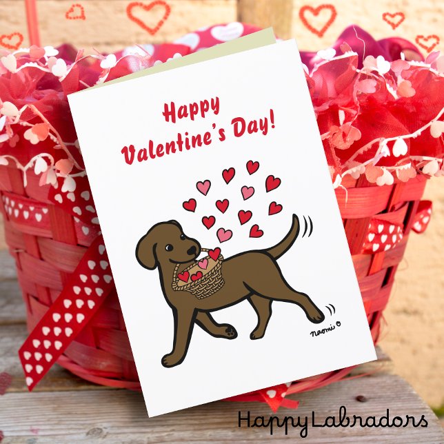 Tarjeta Festiva Chocolate Labrador con corazones Valentine (Chocolate Labrador Carrying Hearts Valentine Card for Labrador Owners.  Cute Cartoon Design.)