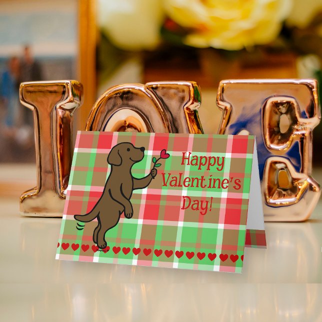 Tarjeta Festiva Chocolate Labrador Tiny Heart Flower Valentine (Chocolate Labrador Tiny Heart Flower Valentine's Day Cards for Labrador Owners.  Sweet cartoon art.)