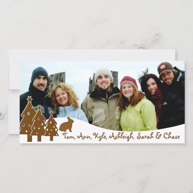 Tarjeta Festiva Chocolate Trees y conejito foto familiar de vacaci (Anverso)