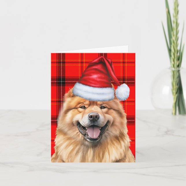 Tarjeta Festiva Chow Chow Santa Dog Red Plaid Navidades (Anverso)