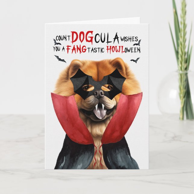 Tarjeta Festiva Chow Dog Funny Count DOGcula Halloween (Anverso)
