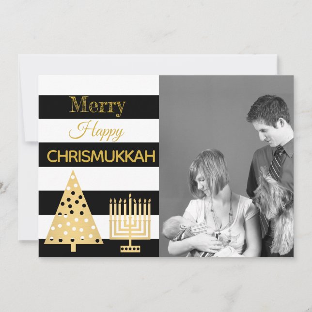 Tarjeta Festiva Chrismukkah Foto Black And White Stripes Gold (Anverso)